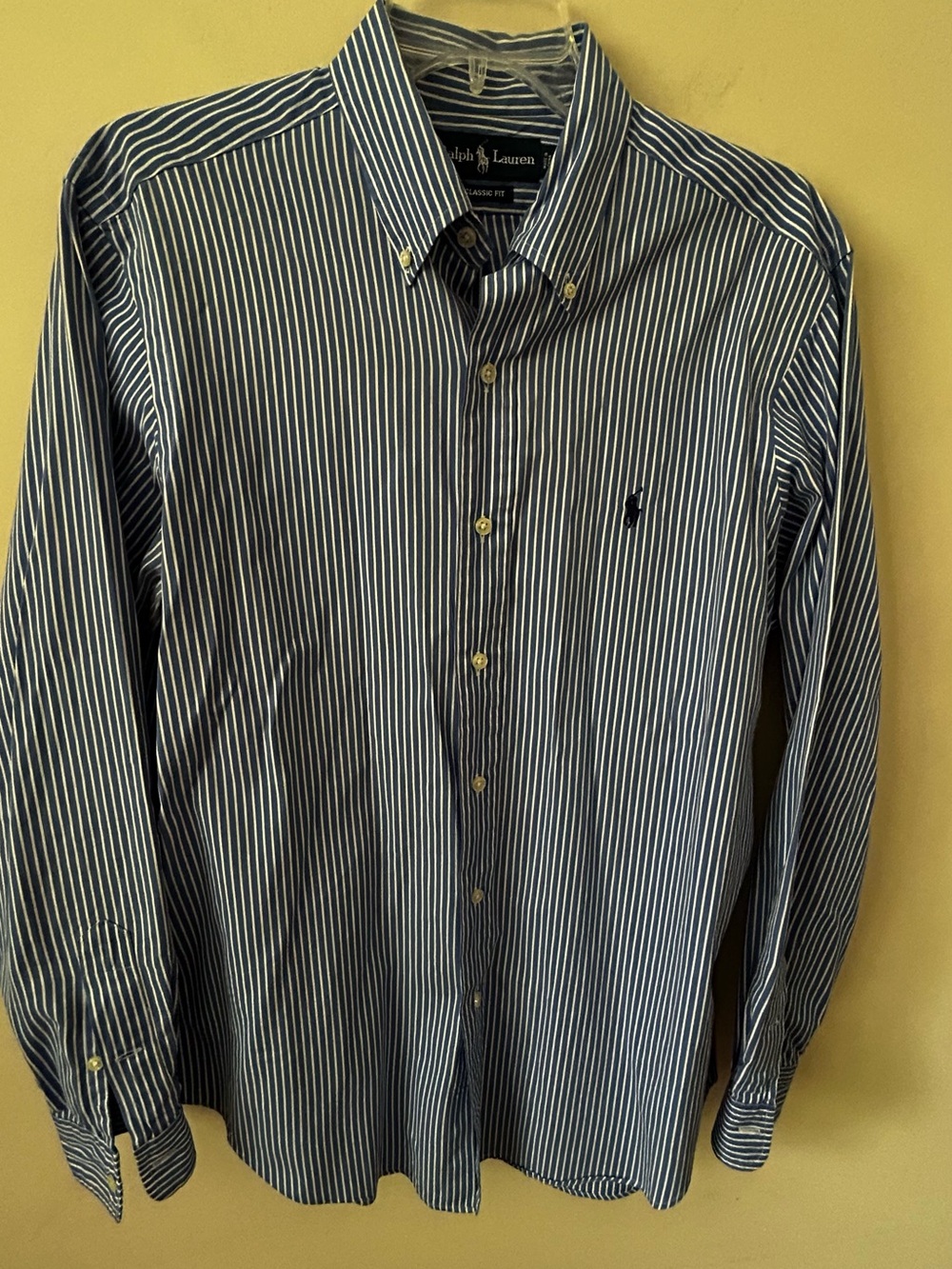 Ralph Lauren Polo Men’s Classic Fit Medium White/Blue Stripe L/S Navy Pony